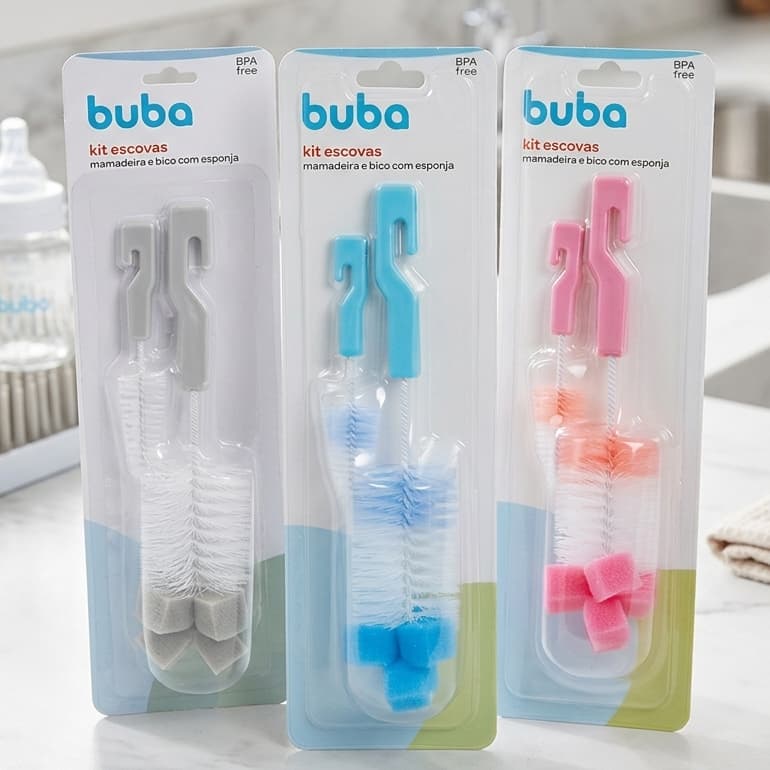 Kit Escova Buba Limpeza Mamadeira Bico Copo Original Escovinha Higienização Bebê