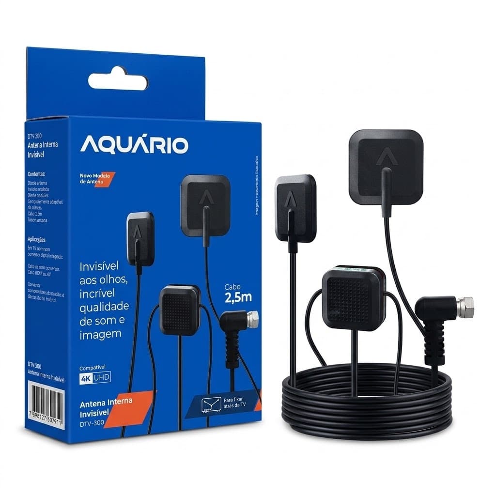 Antena Interna Invisivel Aquario DTV-300 HDTV 4K Cabo 2,5m