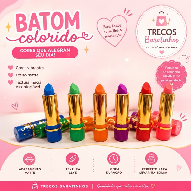 BATOM COLORIDO  LONGA DURAÇÃOOOO– ESCOLHA SUA COR! 🌈💄