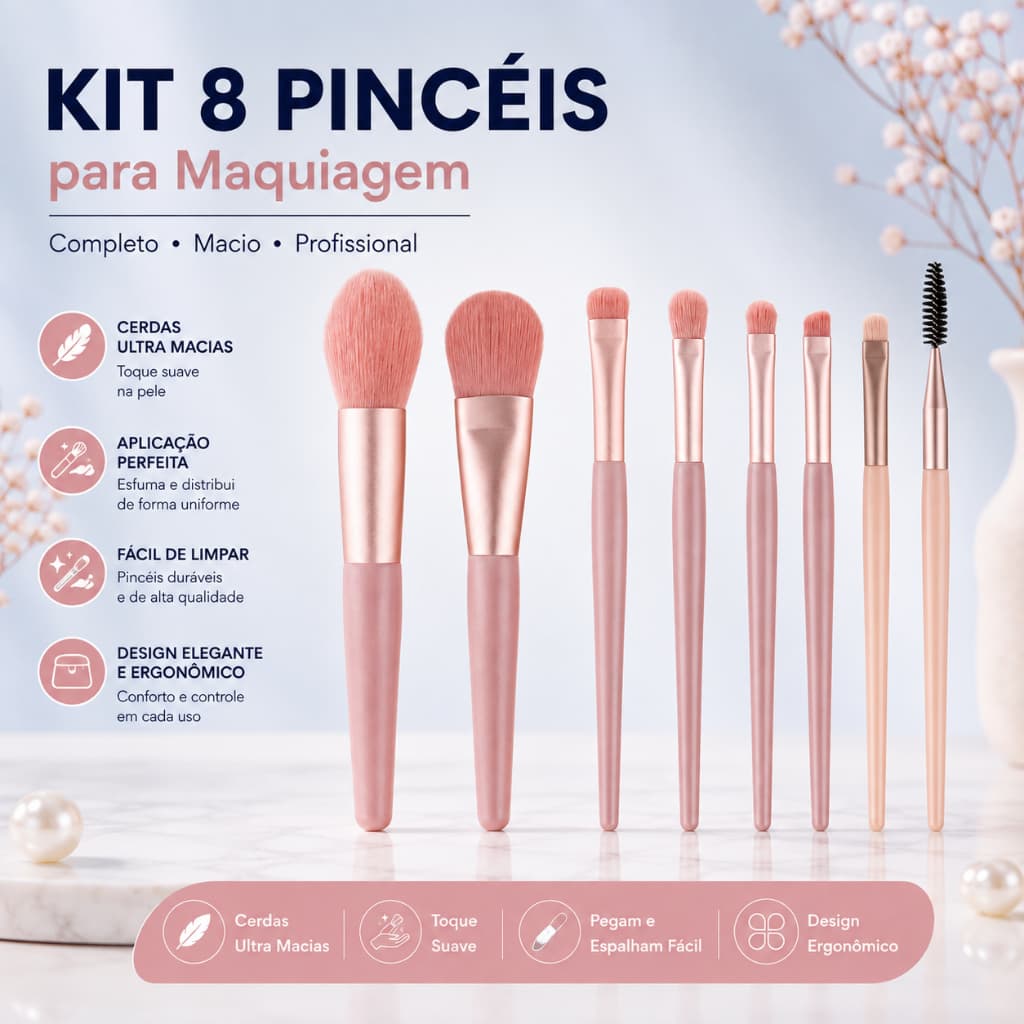 Kit 8 Pincéis de Maquiagem Profissional Cerdas Macias Base Blush Contorno Sombra
