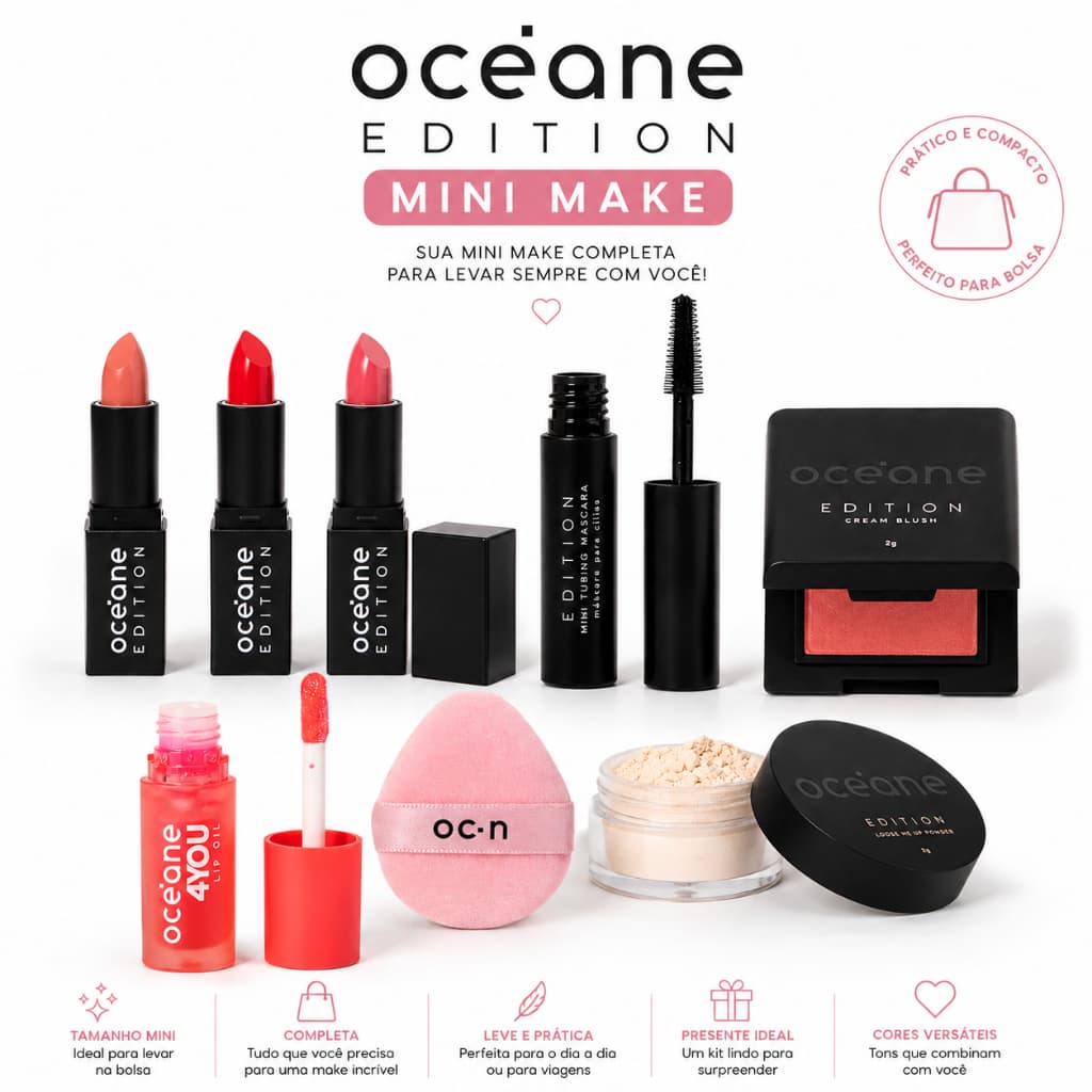 Kit Mini Maquiagem Océane Blush, Pó solto, Batom, Lip Oil, Máscara cílios e Esponja Powder Puff