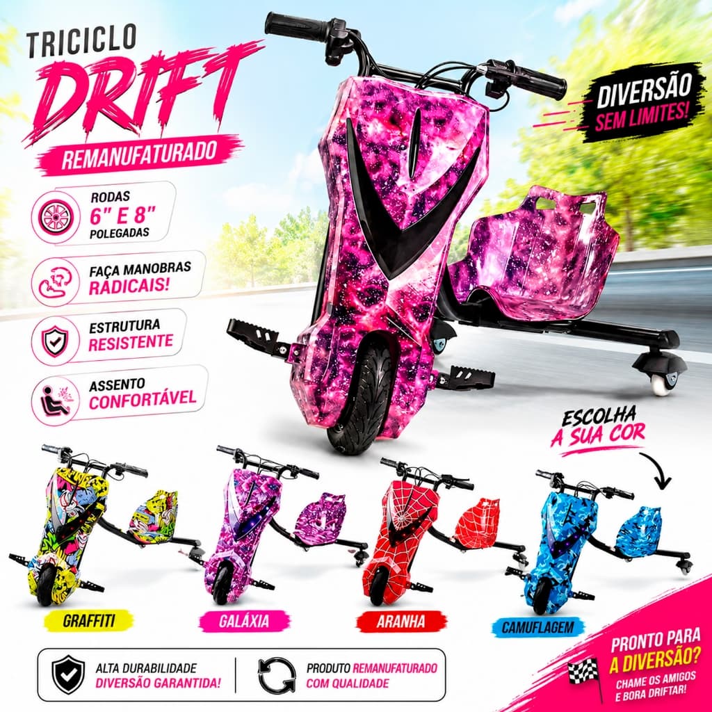 Triciclo Infantil Elétrico Drift Remanufaturado Bluetooth 300W Alta Potência 3 Velocidades - Usado
