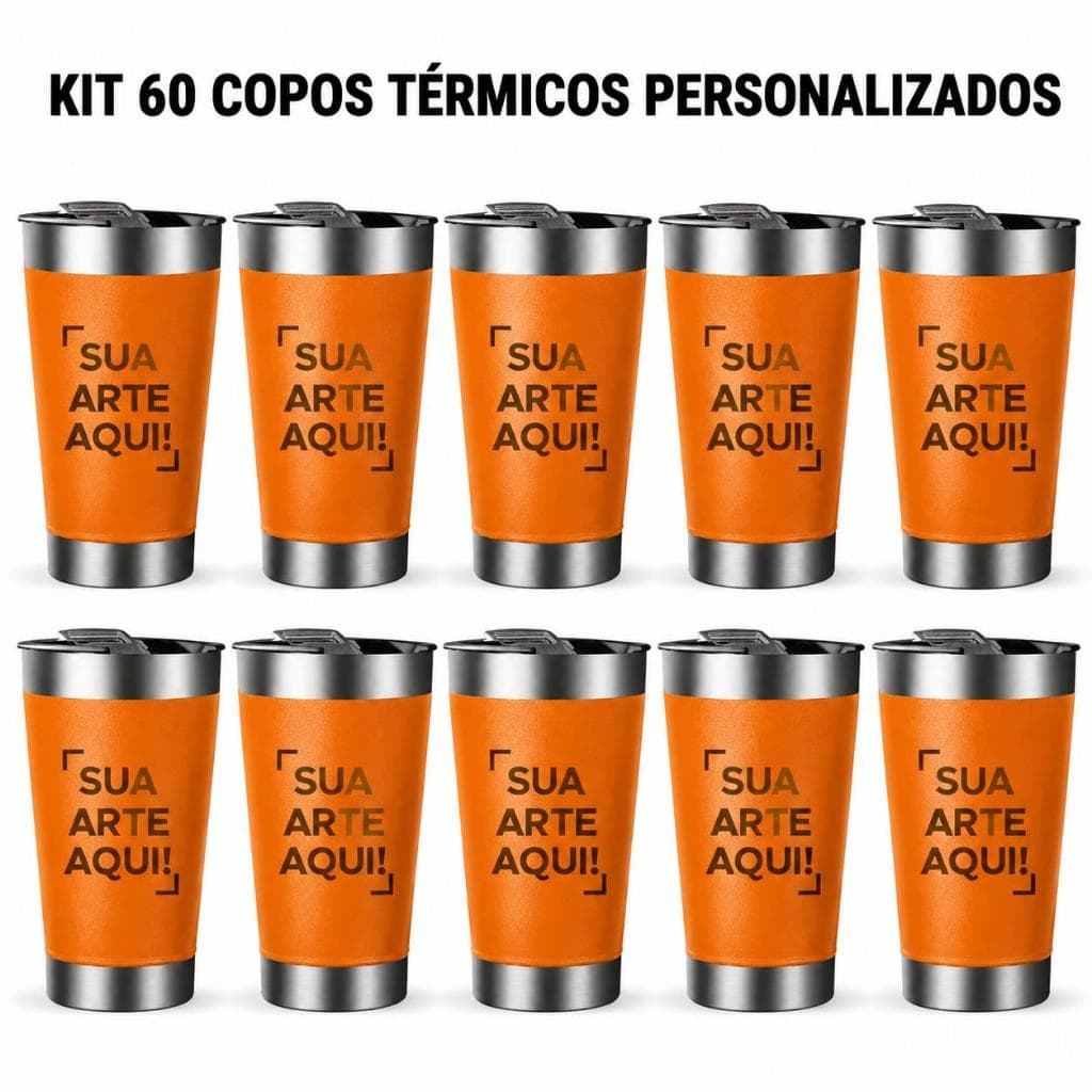 KIT COM 60 COPOS TÉRMICOS PERSONALIZADOS | 473 ml | Aço Inox 304 | Gravação a Laser