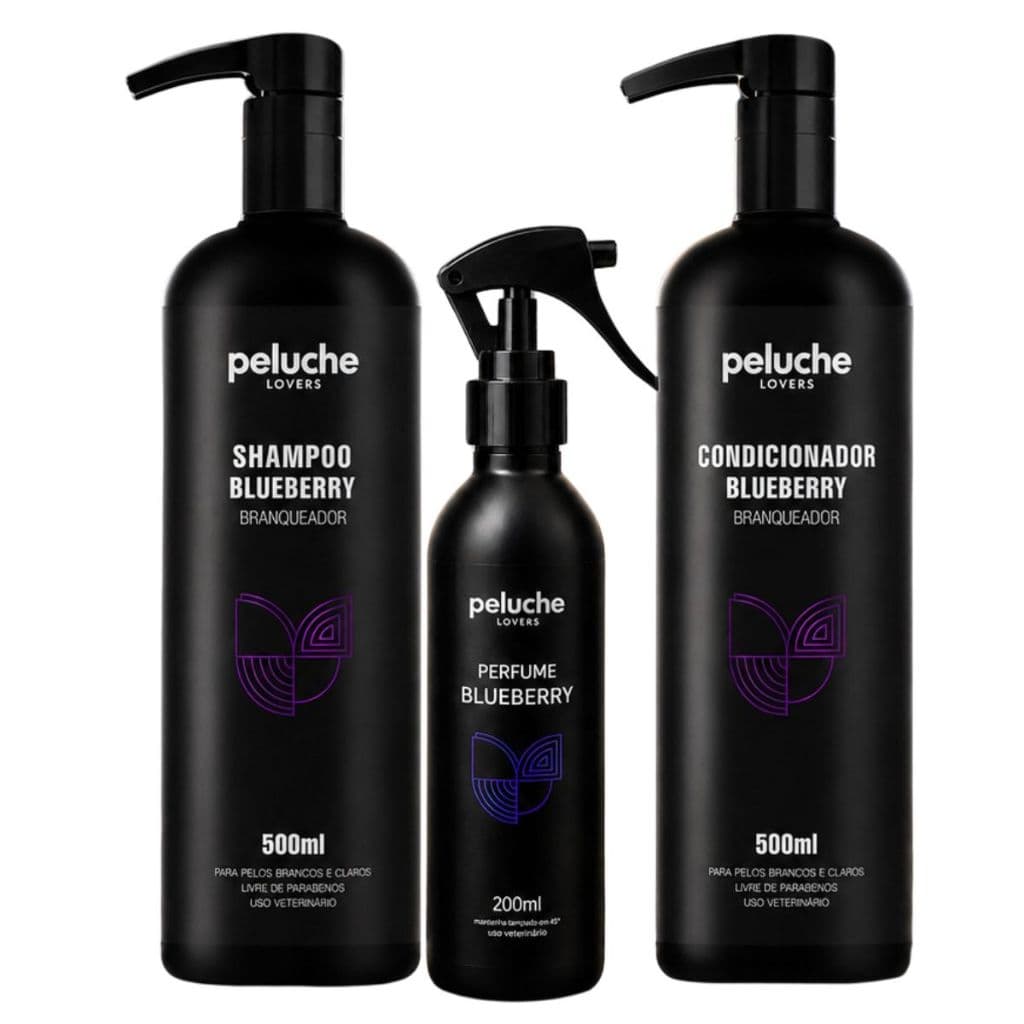 Kit Blueberry Peluche Shampoo + Condicionador + Perfume para Cães Pelos Brancos Banho Completo Pet