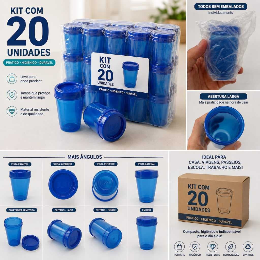Kit 20 Copinhos com Tampa – praticidade e higiene cor Azul