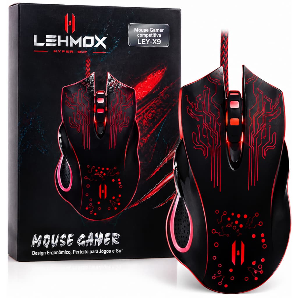Mouse Gamer LEHMOX LEY-X9 USB 2400 DPI LED RGB 6 Botões Ergonômico para PC Notebook Gamer