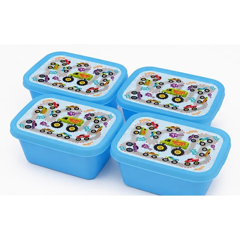 KIT 4 POTES INFANTIL 220 ML PARA LANCHE ESCOLAR | TAMPA COM ENCAIXE | ESTAMPA MONSTER TRUCK