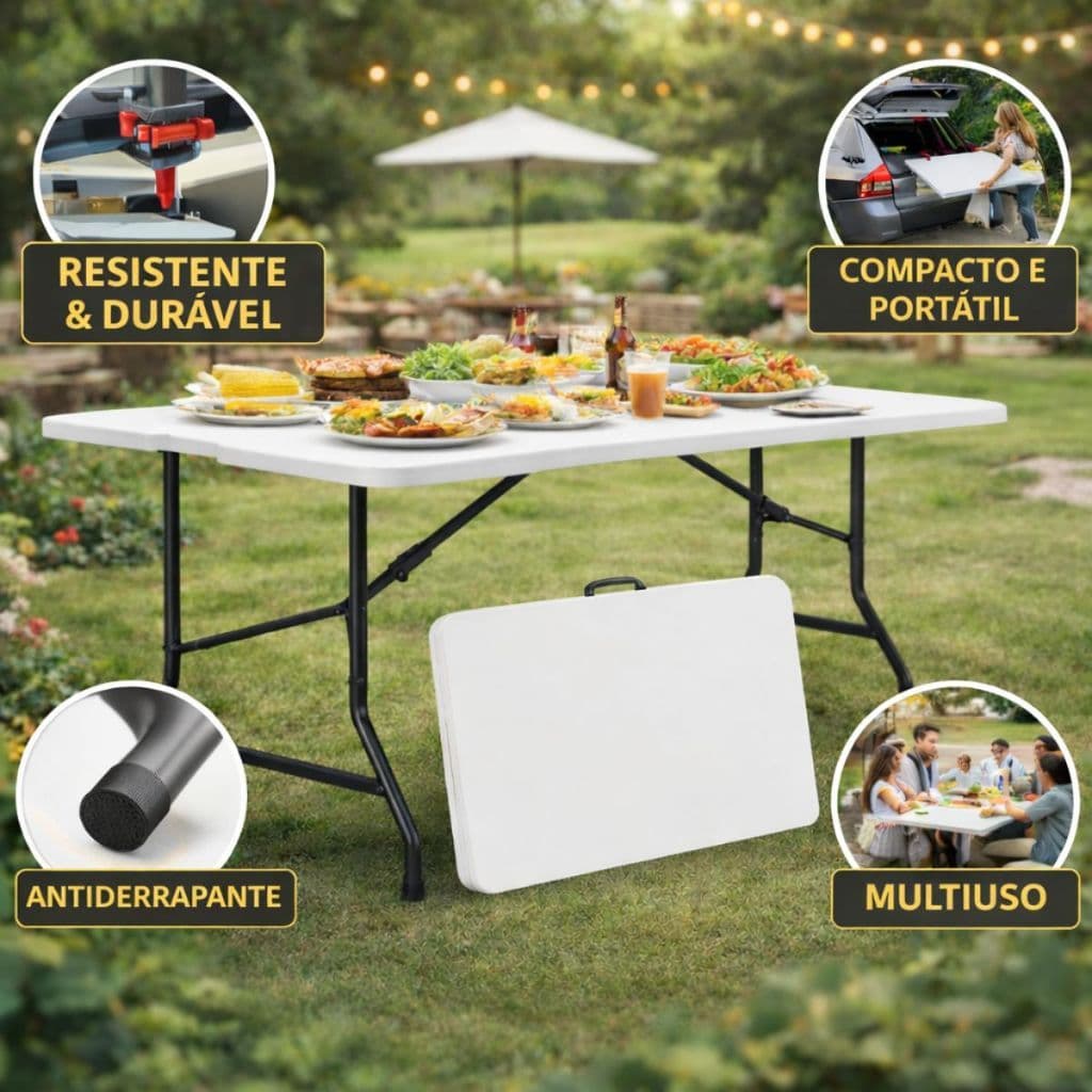 Mesa Dobrável Tipo Maleta Portátil 1,80m Reforçada Mesa Plástica Camping Festa Churrasco Evento