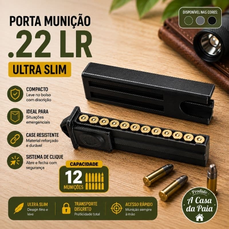 Porta Munição .22 LR Ultra Slim 12 Cartuchos Estojo Compacto de Bolso Case com Clique Organizador Resistente tiro clube