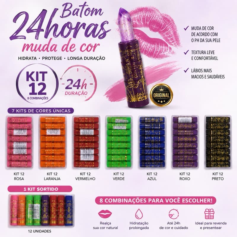 Kit 12 Batom 24 Horas Muda de Cor com PH | 8 Opções de Cores | 12 Unidades | Atacado e Revenda