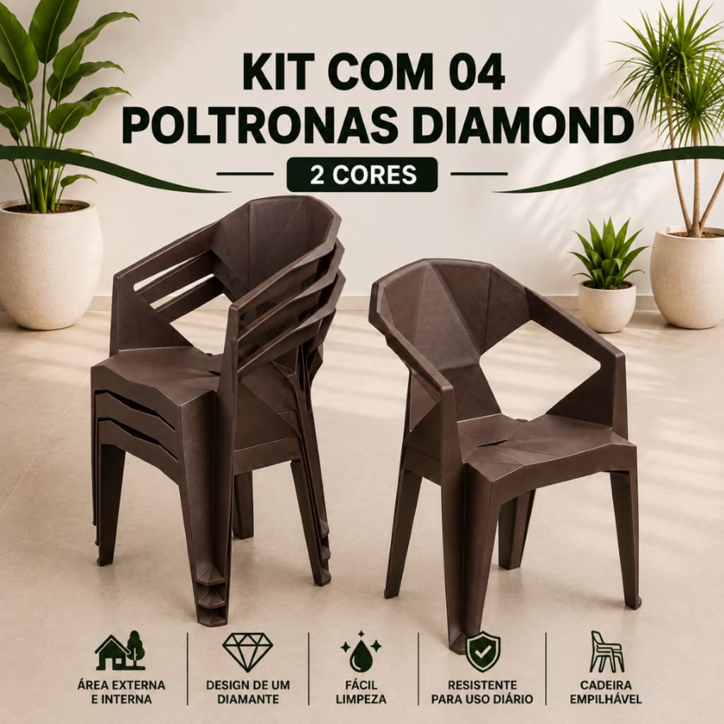 Kit 4 Poltrona Reforçada Diamond Empilhável Escritório Varanda Piscina Salão Jardim Lazer Casa