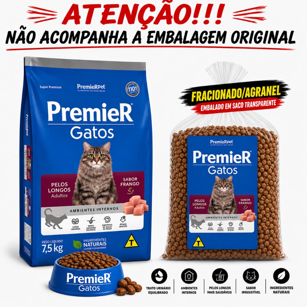 Ração Premier Ambientes Internos Pelos Longos para Gatos Adultos Sabor Frango. FRACIONADO/GRANNEL