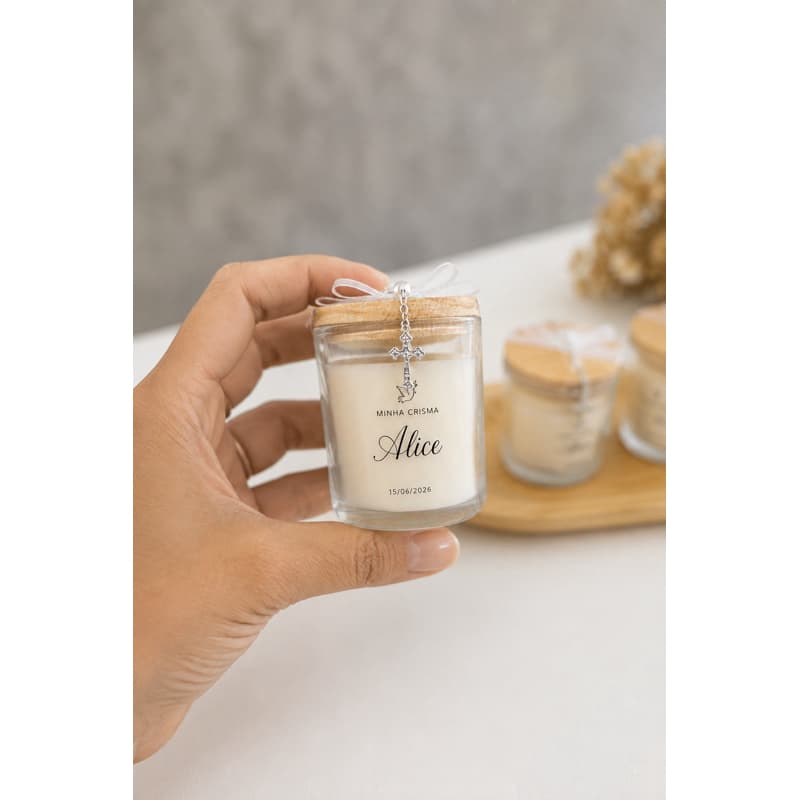 Kit 10 unidades Vela Personalizada 70 ml com Mini Terço – Batizado, Crisma e Primeira Comunhão