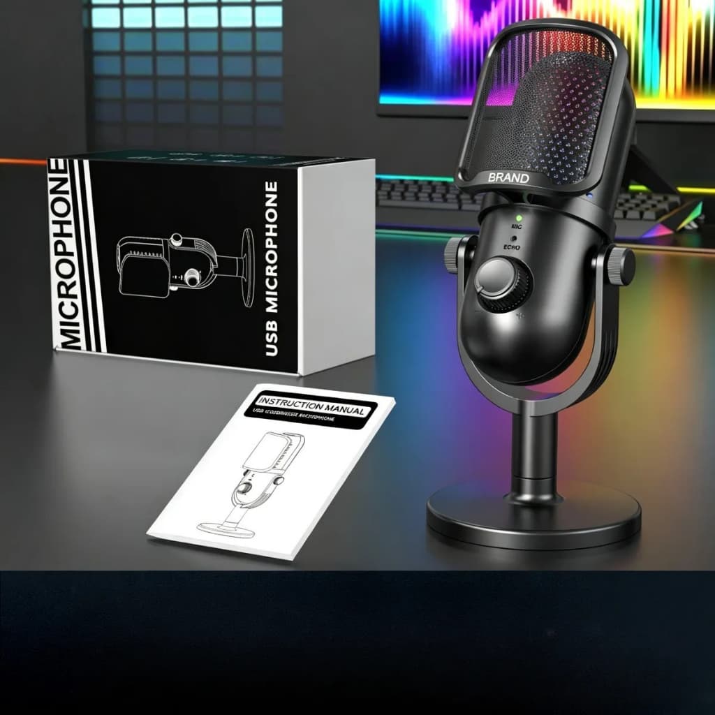 Microfone Condensador RGB com Controle de Eco e Volume, Plug and Play Ideal para Streamer, Jogos e Lives