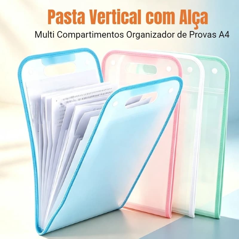 Pasta Sanfonada A4 Vertical com Alça, 12 Divisórias, Organizador de Provas Material Escolar e Escritório