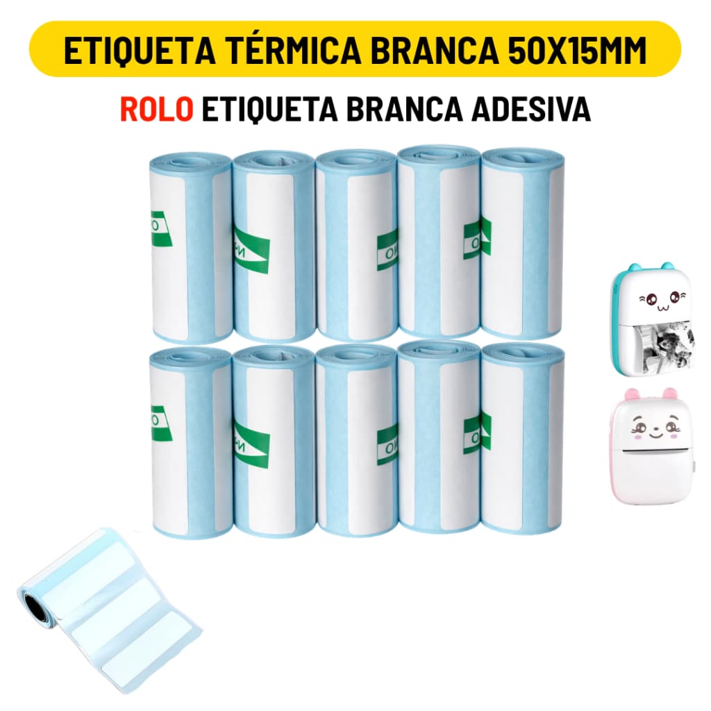 Rolo Etiqueta Térmica Adesiva Branco 50x15mm Refil Para Mini Impressora Portátil