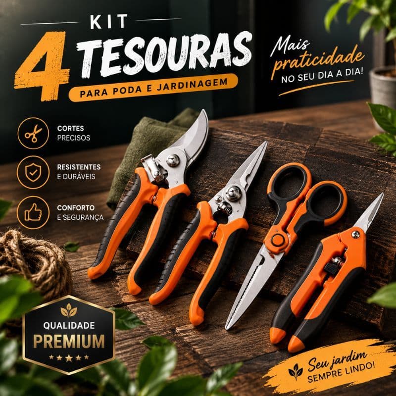 Kit Poda Jardinagem 3 ou 4 Tesouras Aço Inox Bypass Micro Ponta Plantas Flores Bonsai Horta
