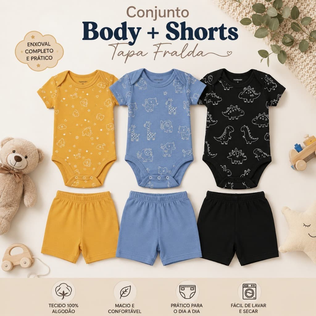 Conjunto Body Manga Curta + Shorts Menino Bebê Infantil Algodão Premium Estampados P M G GG