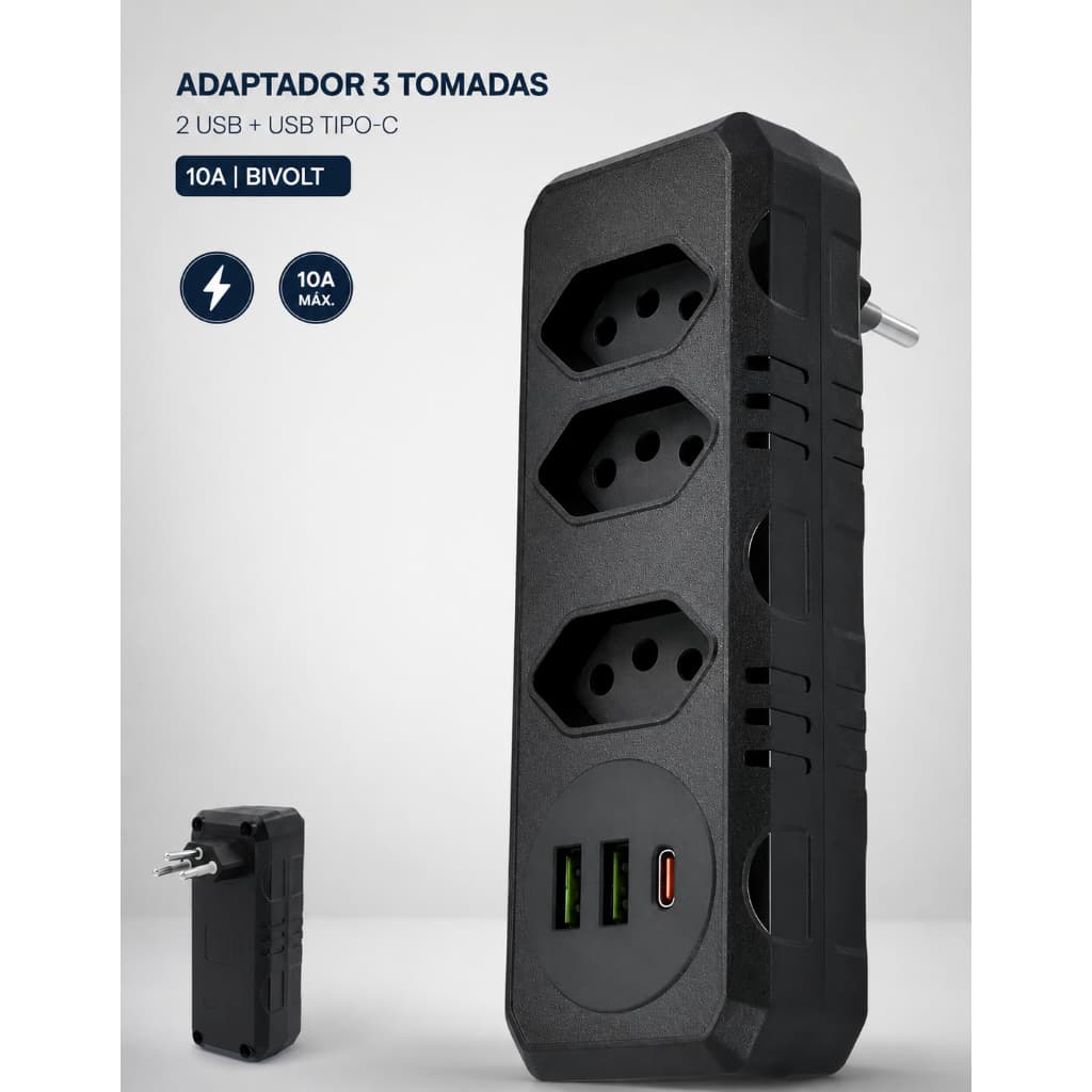 Benjamim Adaptador Tomada Usb Tipo C Filtro Linha Régua Usb Tomada com 3 tomadas 2 USB e USB-C adaptador benjamin