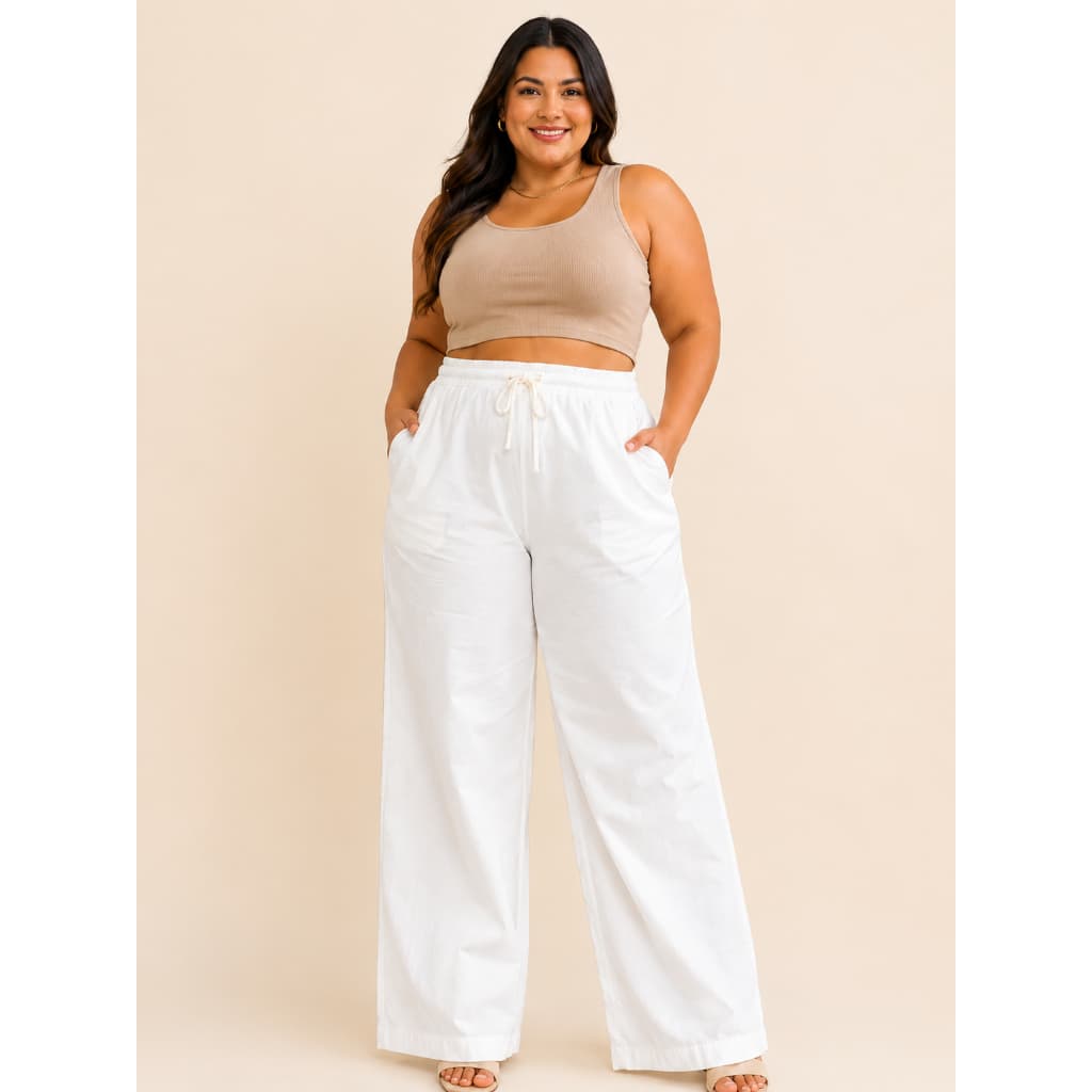 Calça Wide Leg de Algodão Off White Feminina Plus Size Do Tamanho G1 ao G4