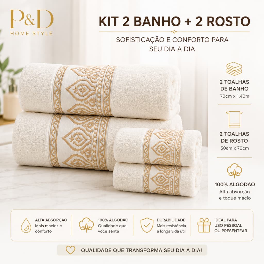JOGO 4 PEÇAS Toalhas Sofia - 1 Banho 1 Rosto - 100% Algodão Macia Kit Banheiro
