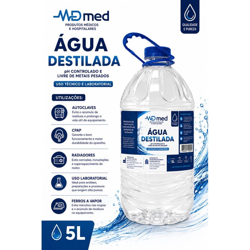 Água Destilada 5 Litros para Autoclave, CPAP, Radiador, Ferro a Vapor e Uso Laboratorial - MD MED