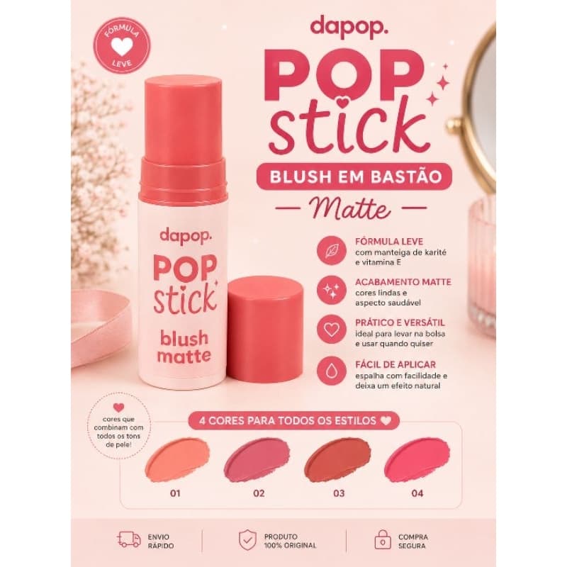 Blush em Bastão Pop Stick Matte Dapop – 4 Cores | Fácil Aplicação