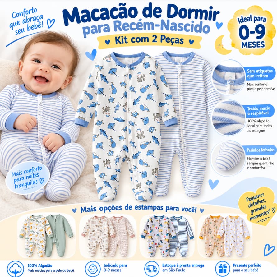 Payifang Kit Macacão Bebê 0-9 Meses Fibra de Bambu Animais Listrado 2 Peças Pijama Bebê Infantil