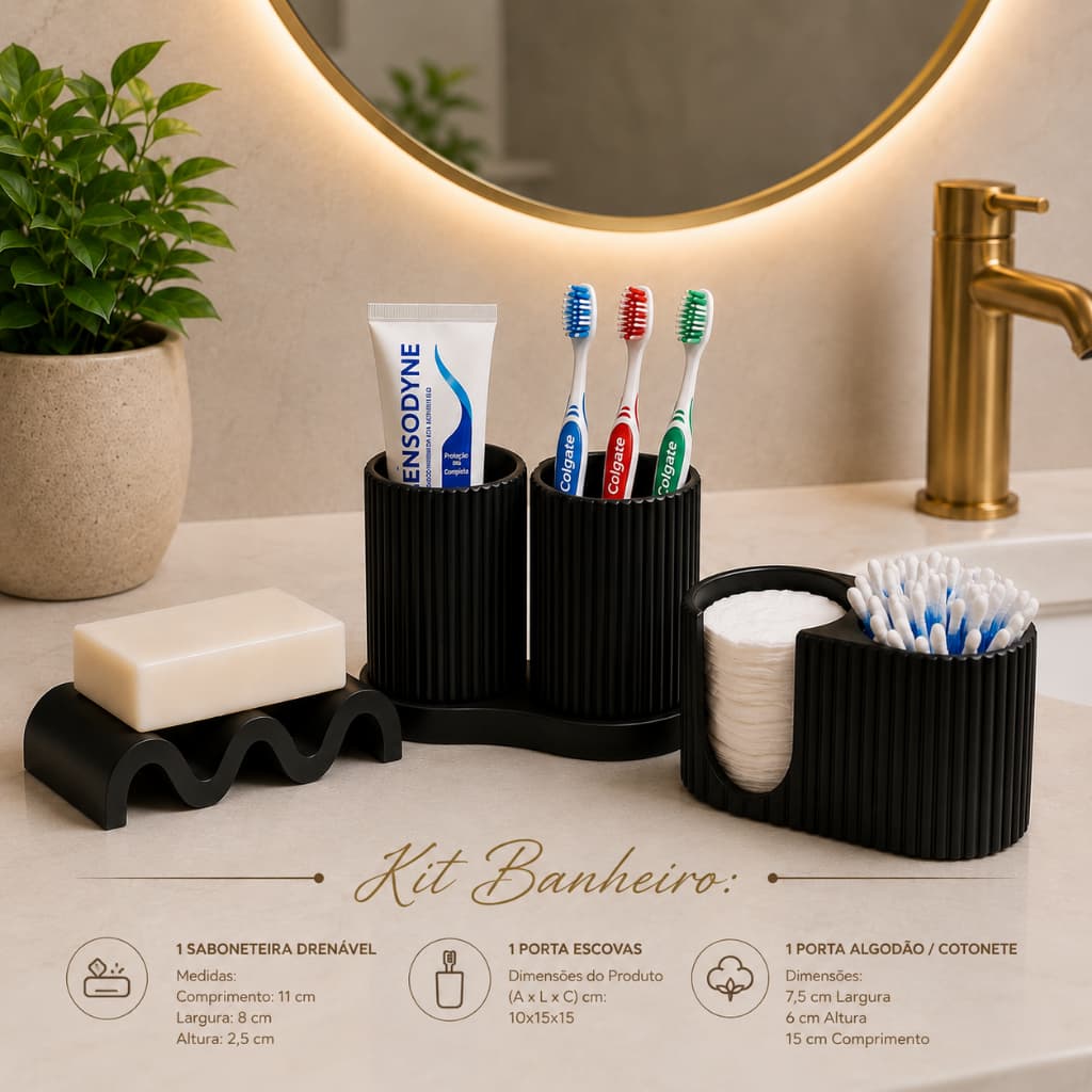 Kit Banheiro 3 Peças Branco ou Preto – Saboneteira Drenável, Porta Escovas e Porta Algodão/Cotonete