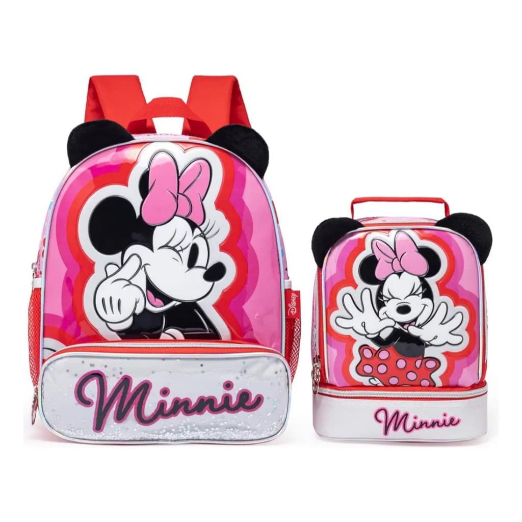 Kit Escolar Infantil Minnie Mouse - Mochila de Costas + Lancheira Térmica Original