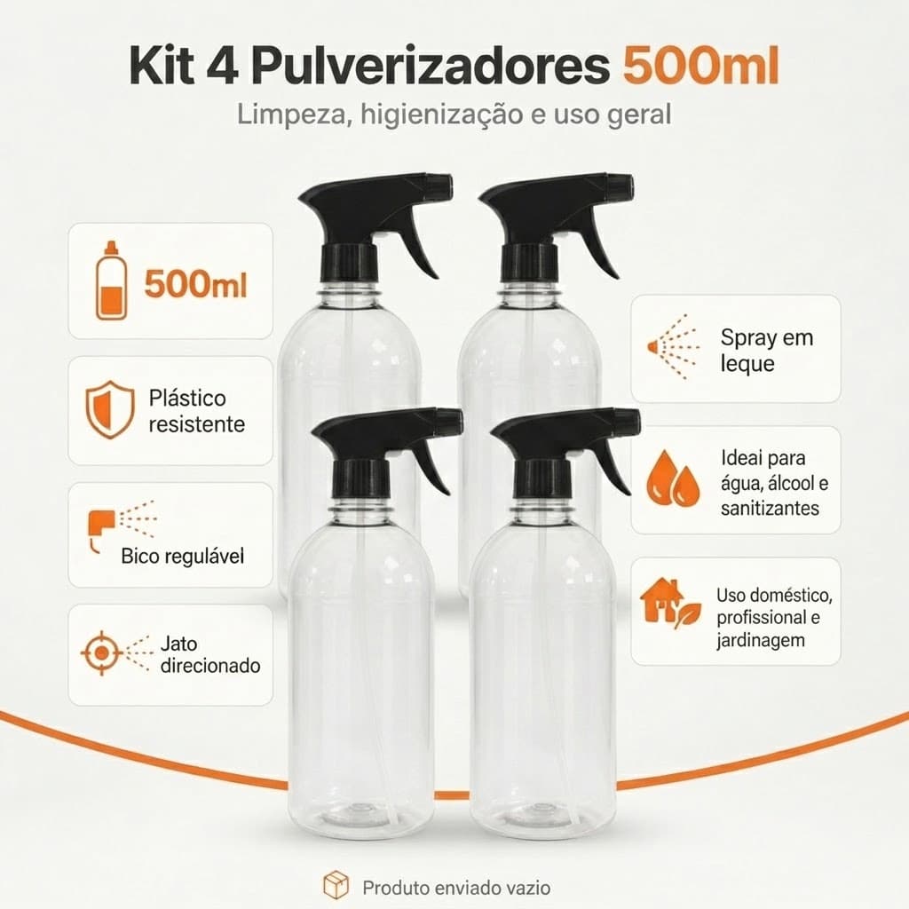 Kit 4 Pulverizador Borrifador 500ml Plastico Resistente Agua Alcool Sanitizante Limpeza Jato E Leque Sem Produto