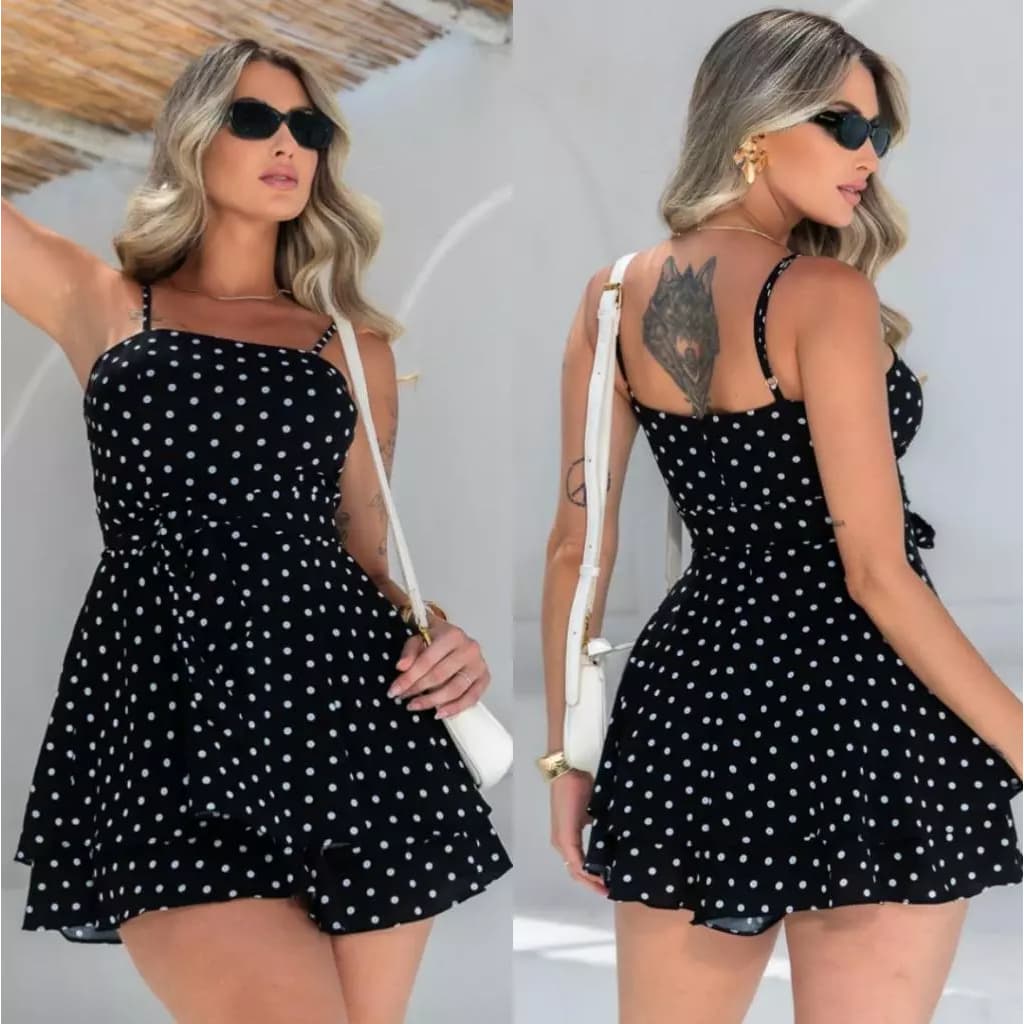 Macaquinho Feminino Poá Estilo Vestido Rodado com Laço Removível Verão blogueira