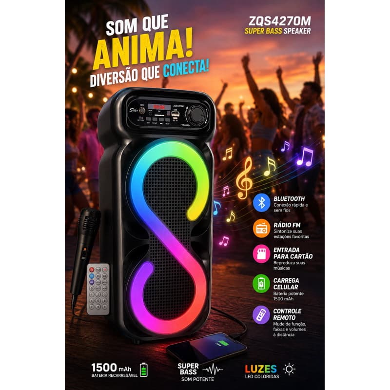Caixa de Som Bluetooth  Super Bass 1500mAh LED RGB Rádio FM USB Cartão Memória Controle Remoto