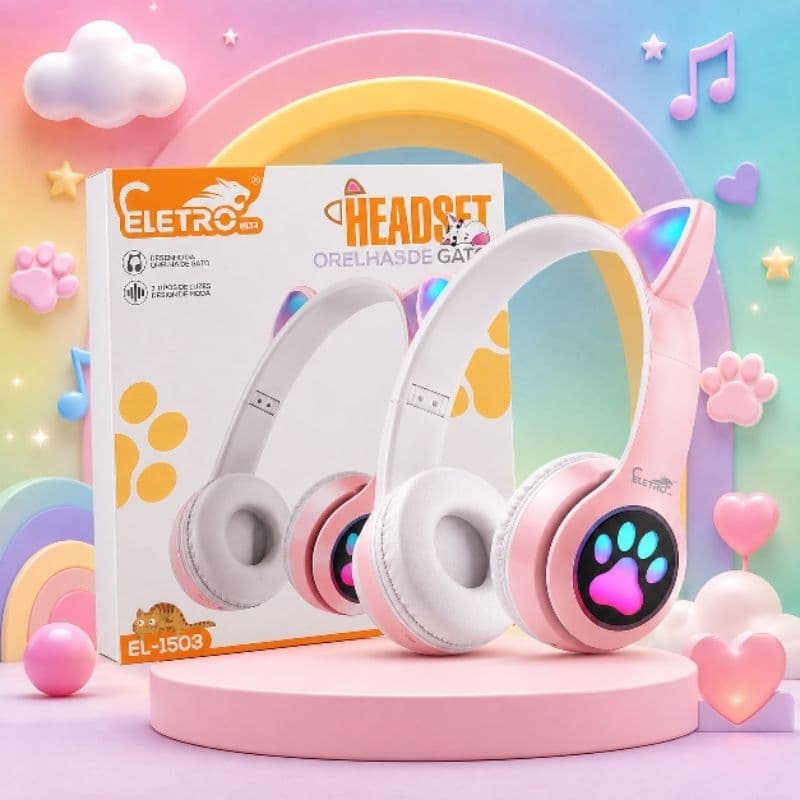 Headset Infantil com Orelhas de Gato e Luzes LED – Rosa e Branco | Eletro EL-1503