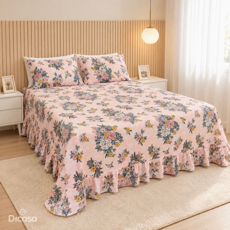 Jogo Lençol Babado Casal Queen 3 Pcs Estampado Minimalista Toque de Algodão Macio