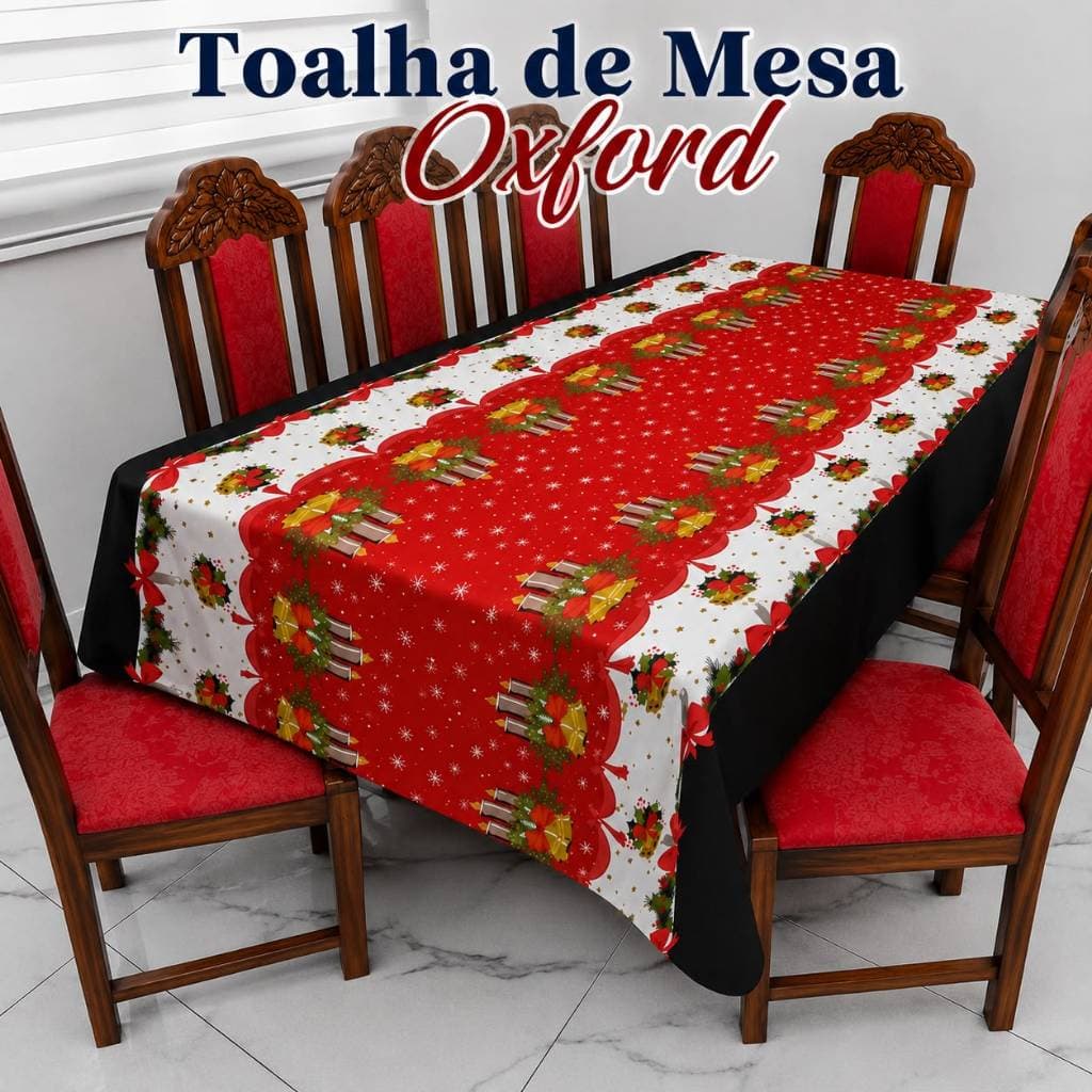 Toalha de Mesa Natalina Oxford 6 Lugares 2,00x1,40 Retangular Estampada Decoração de Natal