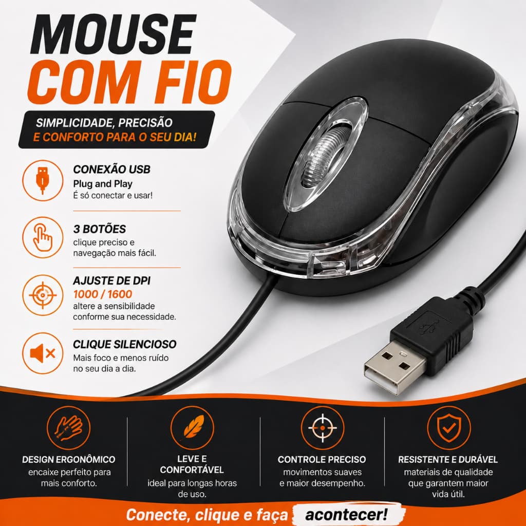 Mouse USB com Fio Silencioso 1000/1600 DPI 3 Botões PC Computador Notebook Escritório