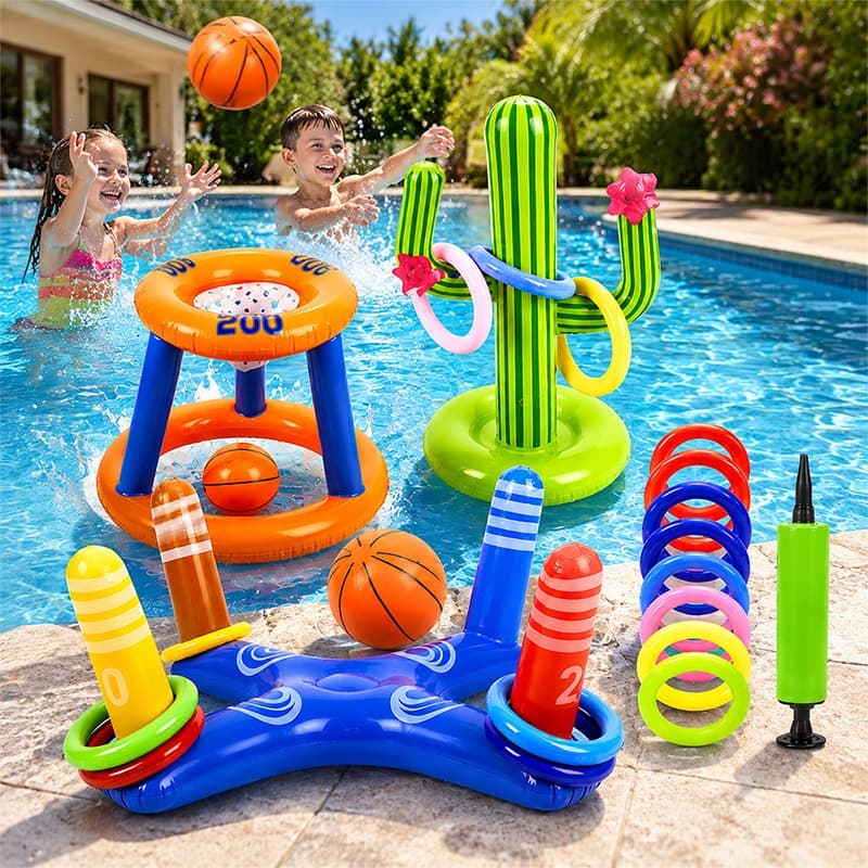 Kit Piscina Infantil Inflável 14 Peças com Cesta de Basquete Jogo de Argolas Bolas e Bomba de Ar Brinquedo Aquático