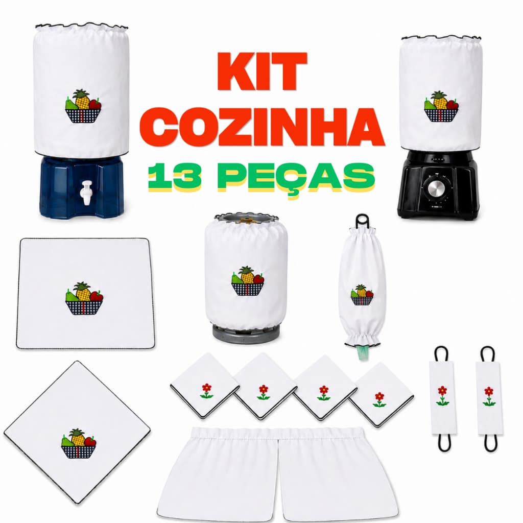 Jogo Kit de Cozinha 13 Peças Completo Com Cortina e Toalha de Mesa Estampado Sortido