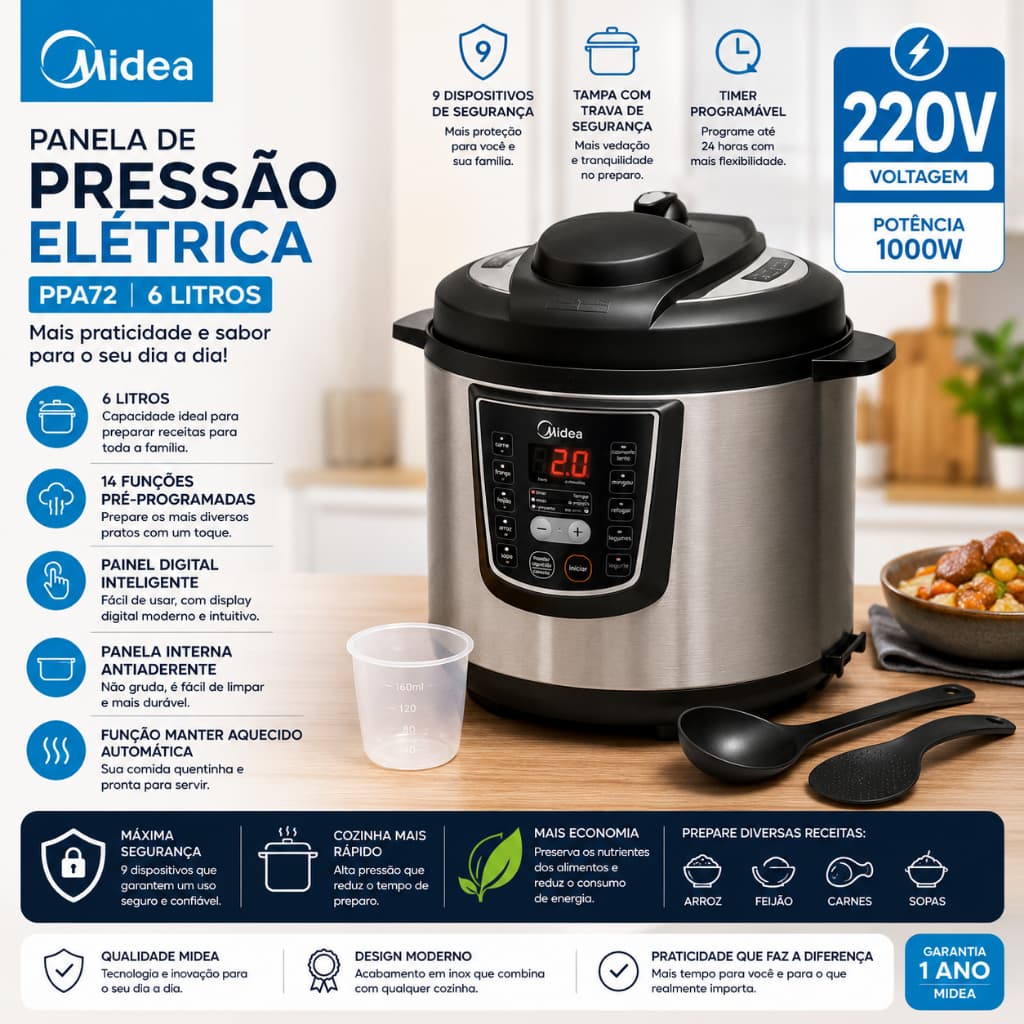 Panela de Pressão Elétrica Midea PPA72 6L Digital Inox 1000W – 220V
