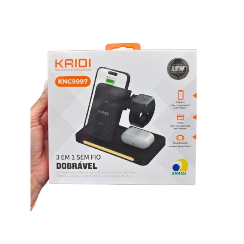 Carregador Por Indução 3 Em 1 Celular Smartwatch E Fone KAIDI KNC9097 Dobrável Inteligente 15W Carregamento Indução