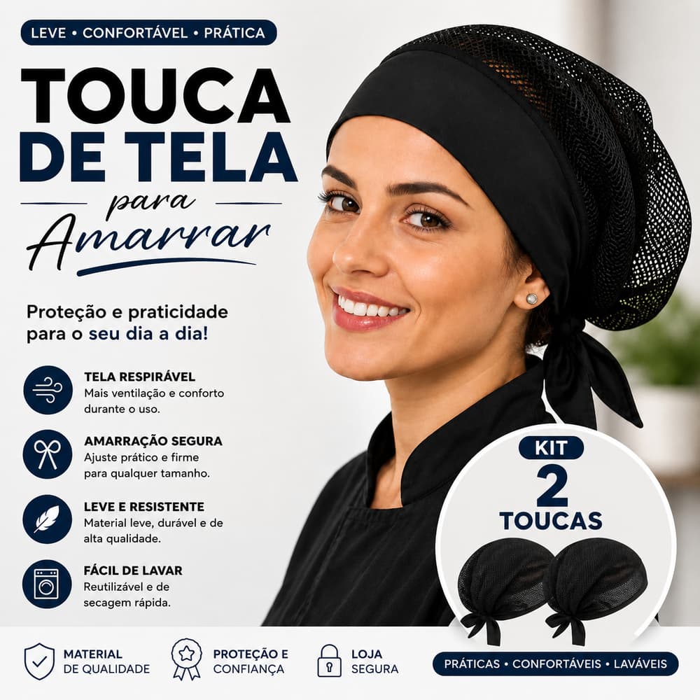 Kit Com 2 Touca Telinha Ajustável Lavável Com Amarração Uniforme Cozinha Restaurante Padaria Pizzaria