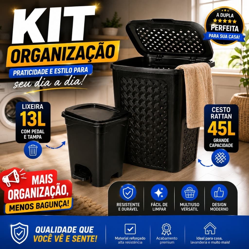 Kit Organização Cesto Rattan 45 Litros + Lixeira 13 Litros com Pedal – Casa e Lavanderia