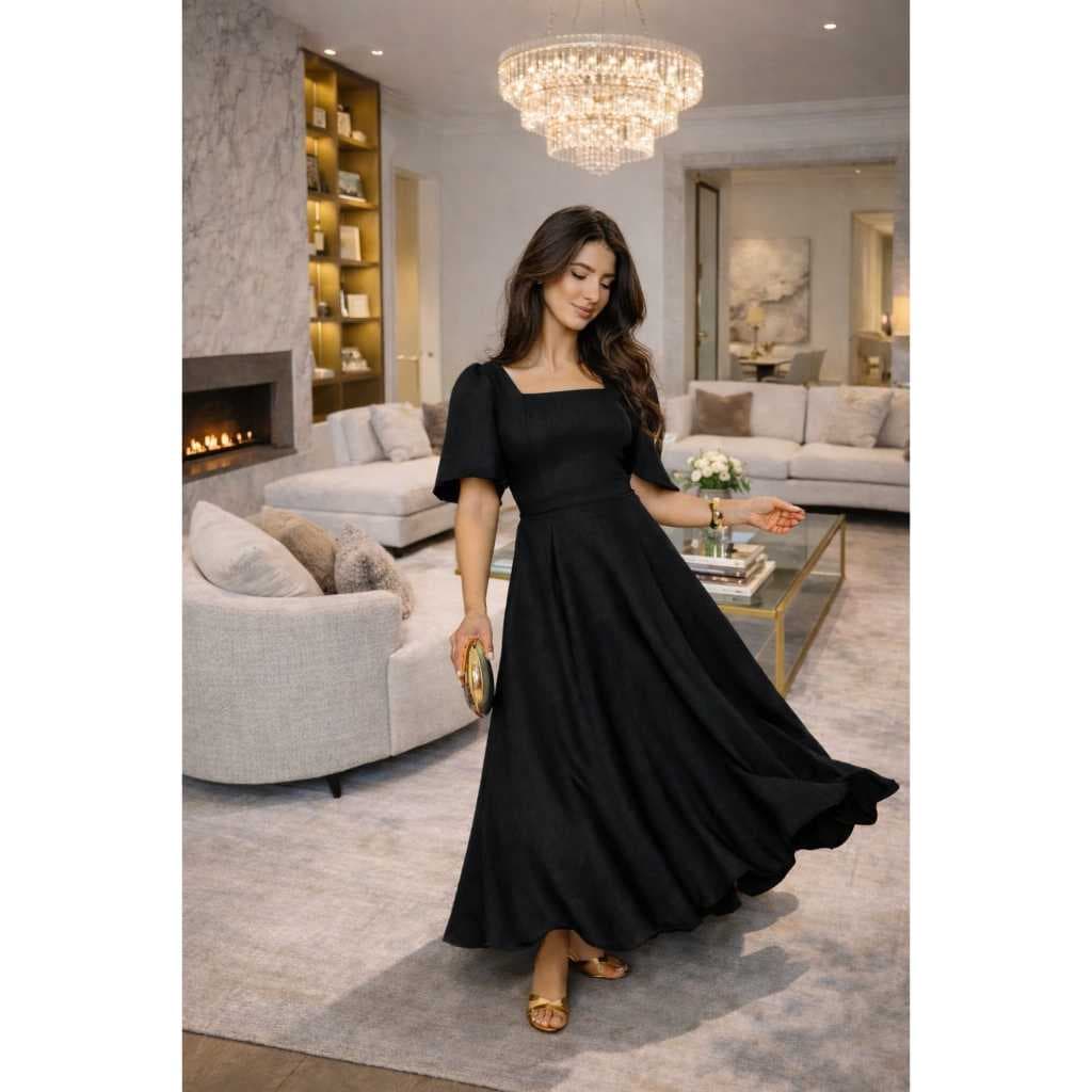 Vestido  Feminino Luxo Premium Elegante Decote Quadrado Manga Curta Cintura Marcada Festa e Casamento