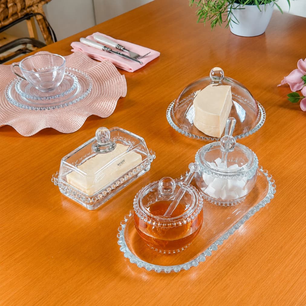 Kit Café da Manhã 5 Itens VIDRO: Queijeira + Manteigueira + Açucareiro + Meleira + Travessa Pearl Bolinhas Wolff
