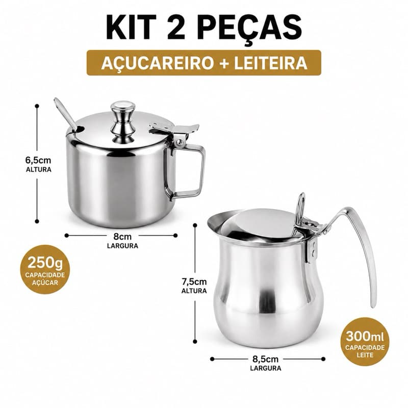 Kit Açucareiro 250g com Colher + Leiteira 300ml Inox Aço 304 Bule Leite  Café da Manhã Inoxidavel