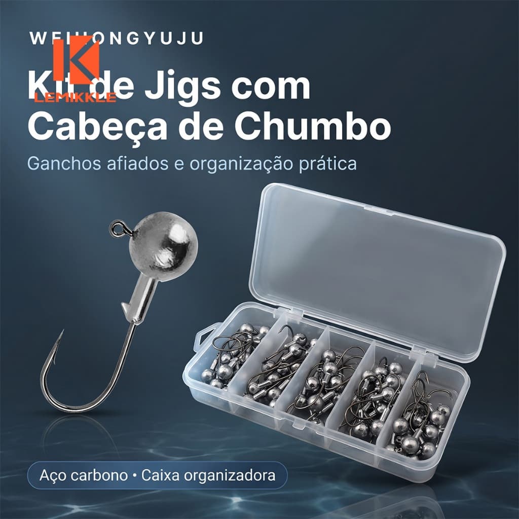LEMIKKLE - 20 Jigs Cabeça de Chumbo   3,5g‑5g‑7g‑10g‑12g, Anzói Aço Carbono, Com Caixa Organizador