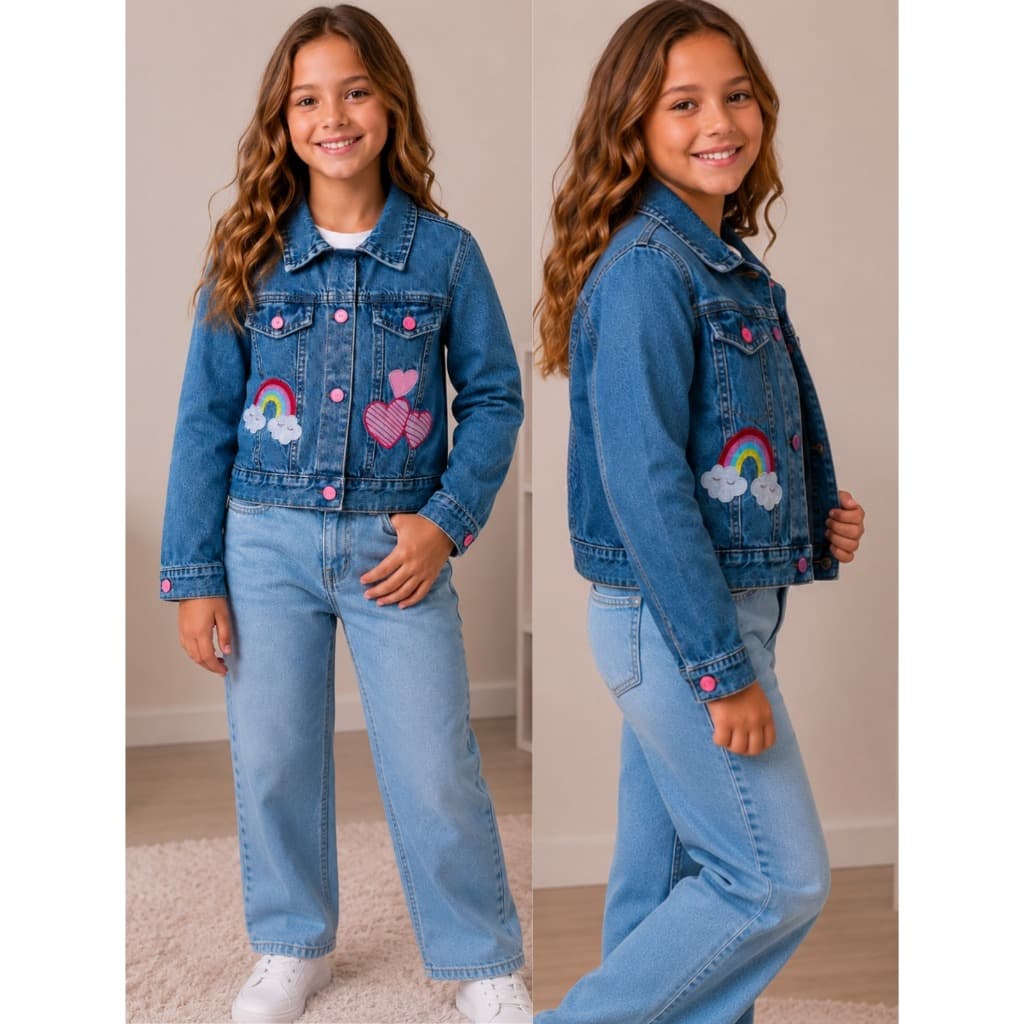 Jaqueta Jeans Infantil Feminina Bordada Arco Íris Corações Com Botões Rosa 100% Algodão Confortável e Resistente Moda