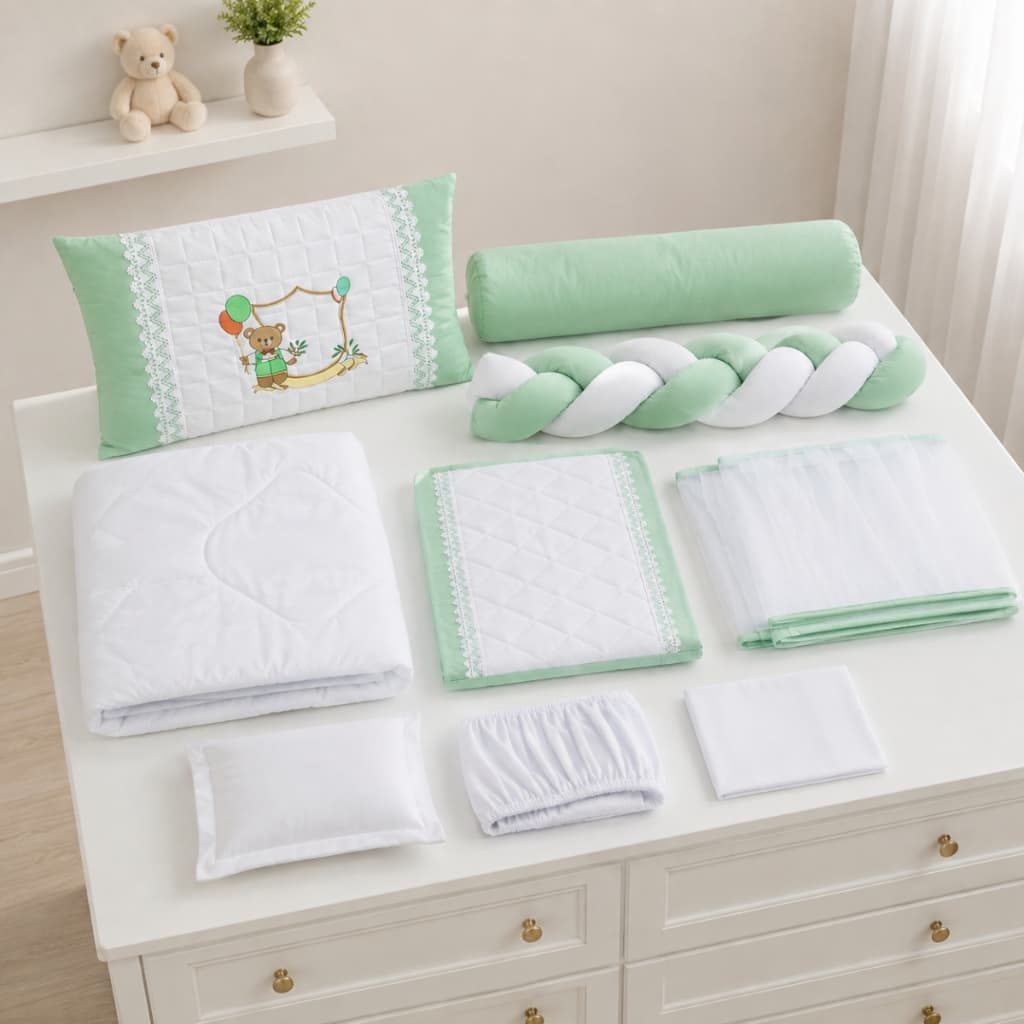 Kit Berço Menino Completo Com Trança - Azul Marinho, Verde e Azul Claro, Bege - 100% 400 Fios - Kit Clean Afeto