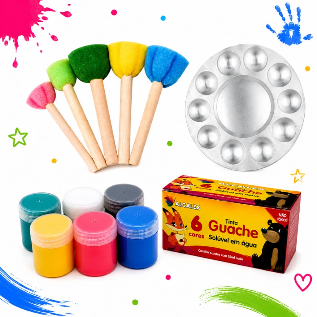 Kit 5 Pincéis Espuma +Tinta Guache 6 Cores +Godê Redondo